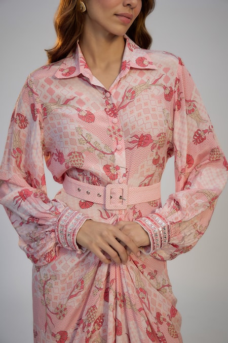 Nadima Saqib_Pink Crepe Sequins Collared Pastel Printed And Embroidered Dress _Online_at_Aza_Fashions