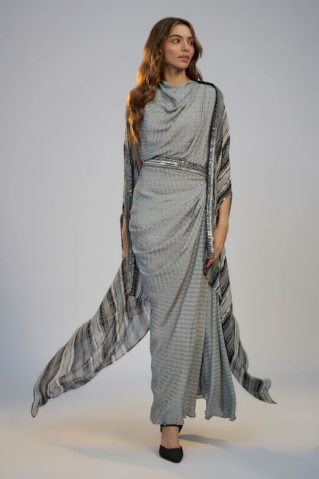 Nadima Saqib Gray Crepe Sequins Cowl Neck, Open Black Printed And Embroidered Dress With Cape 
