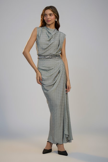 Nadima Saqib_Gray Crepe Sequins Cowl Neck, Open Black Printed And Embroidered Dress With Cape _Online_at_Aza_Fashions