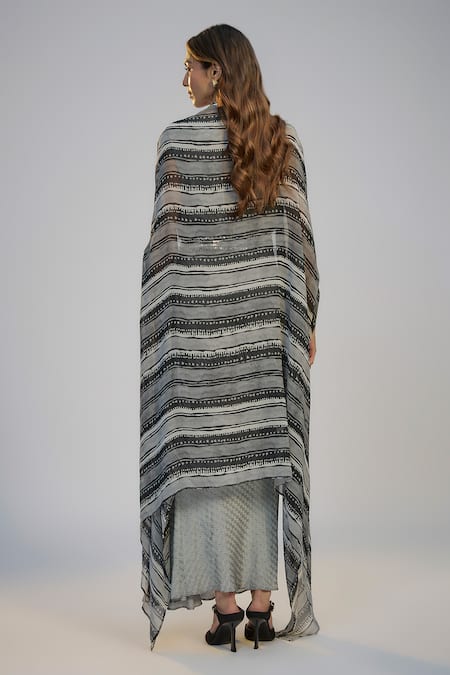 Nadima Saqib Black Printed & Embroidered Dress with Cape 