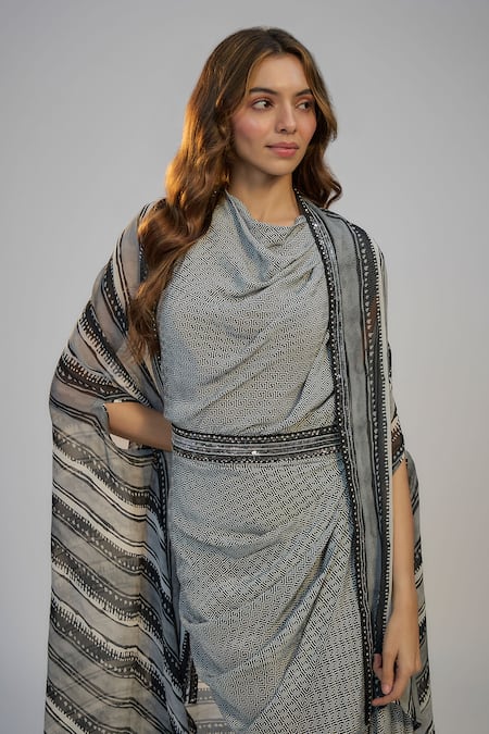Shop_Nadima Saqib_Gray Crepe Sequins Cowl Neck, Open Black Printed And Embroidered Dress With Cape _Online_at_Aza_Fashions
