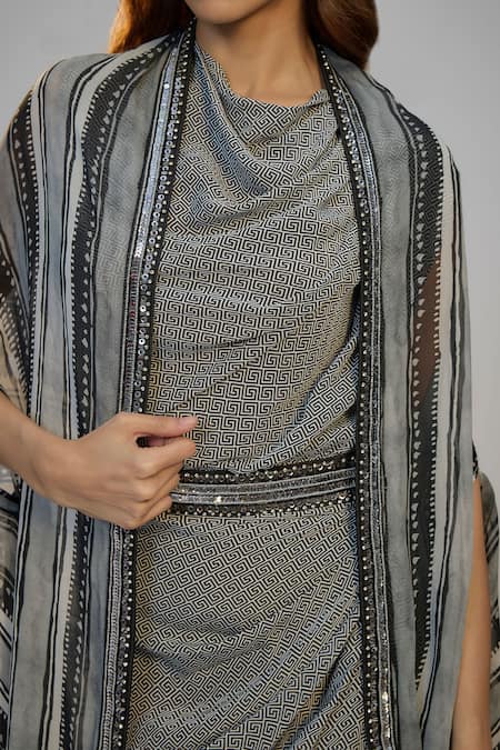 Nadima Saqib_Gray Crepe Sequins Cowl Neck, Open Black Printed And Embroidered Dress With Cape _at_Aza_Fashions