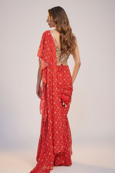 Nadima Saqib Red Printed & Embroidered Saree Set 