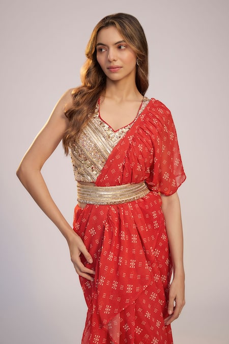 Nadima Saqib_Red Georgette, Dupion Sequins, Pearls, Embroidery V-neck Printed And Saree Set _Online_at_Aza_Fashions