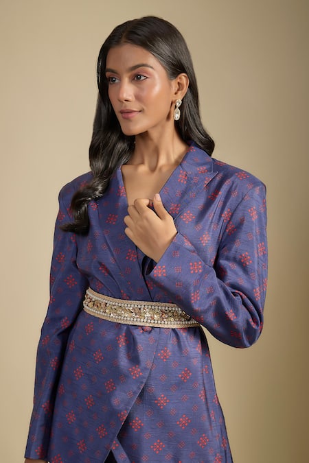 Nadima Saqib_Navy Dupion Sequins, Pearls Blue Printed Blazer Set _Online_at_Aza_Fashions