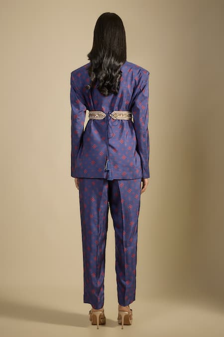 Nadima Saqib Navy Blue Printed Blazer Set 