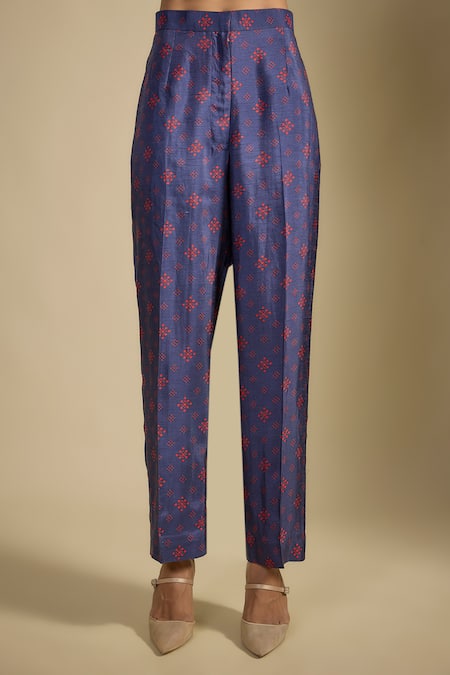 Shop_Nadima Saqib_Navy Dupion Sequins, Pearls Blue Printed Blazer Set _Online_at_Aza_Fashions