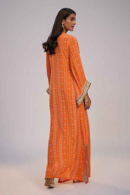Nadima Saqib Orange Printed & Embroidered Kaftan Dress 