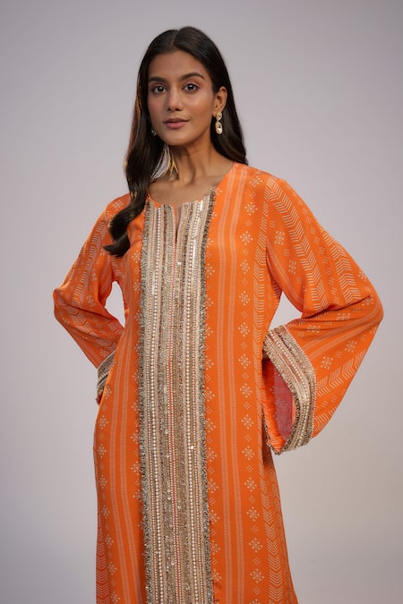 Nadima Saqib_Orange Crepe Sequins, Pearls, Fringe Round Printed And Embroidered Kaftan Dress _Online_at_Aza_Fashions