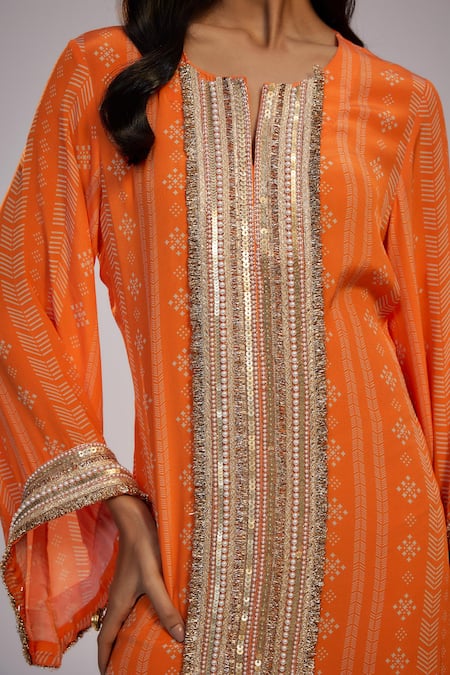 Buy_Nadima Saqib_Orange Crepe Sequins, Pearls, Fringe Round Printed And Embroidered Kaftan Dress _Online_at_Aza_Fashions