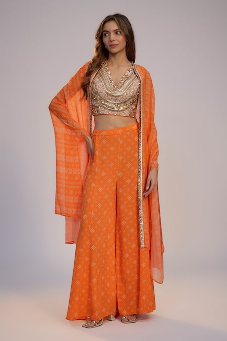 Nadima Saqib Orange Dupion, Silk, Crepe Sequins, Pearls V-neck, Open Printed Sharara Pant Set 