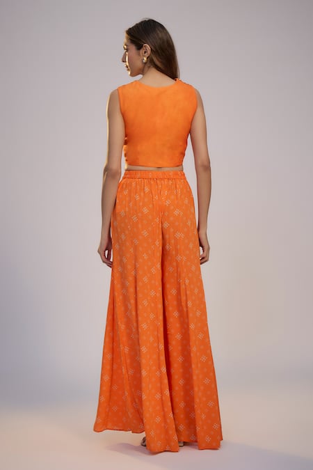 Buy Nadima Saqib Orange Dupion, Silk, Crepe Sequins, Pearls V-neck, Open Printed Sharara Pant Set Online at Aza Fashions Buy_Nadima Saqib_Orange Dupion, Silk, Crepe Sequins, Pearls V-neck, Open Printed Sharara Pant Set _Online_at_Aza_Fashions