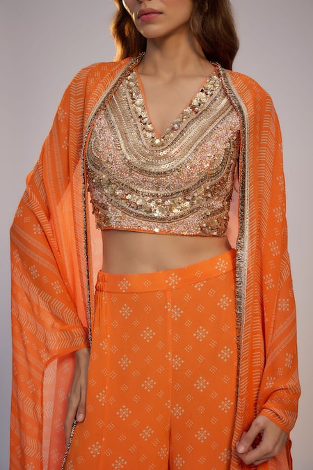 Shop Nadima Saqib Orange Dupion, Silk, Crepe Sequins, Pearls V-neck, Open Printed Sharara Pant Set Online at Aza Fashions Shop_Nadima Saqib_Orange Dupion, Silk, Crepe Sequins, Pearls V-neck, Open Printed Sharara Pant Set _Online_at_Aza_Fashions