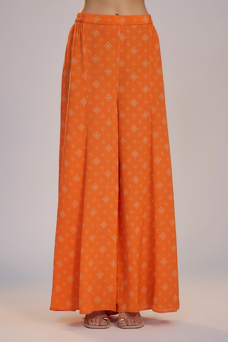 Nadima Saqib Orange Dupion, Silk, Crepe Sequins, Pearls V-neck, Open Printed Sharara Pant Set at Aza Fashions Nadima Saqib_Orange Dupion, Silk, Crepe Sequins, Pearls V-neck, Open Printed Sharara Pant Set _at_Aza_Fashions