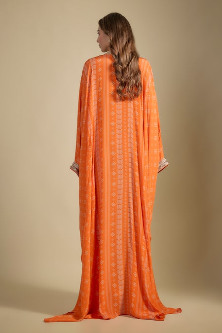 Nadima Saqib Orange Printed & Embroidered Kaftan Dress 