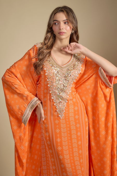 Nadima Saqib_Orange Crepe Sequins, Fringe Round Neck Printed And Embroidered Kaftan Dress _Online_at_Aza_Fashions