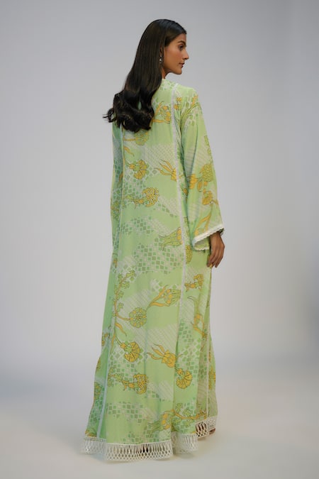 Nadima Saqib Lime Green Printed and Embroidered Kaftan Dress 