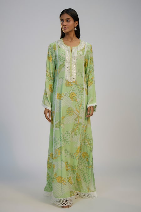 Nadima Saqib_Green Crepe Lace, Sequins Round Neck Lime Printed And Embroidered Kaftan Dress _Online_at_Aza_Fashions