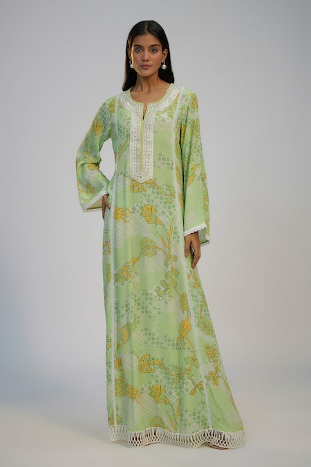 Nadima Saqib Green Crepe Lace, Sequins Round Neck Lime Printed And Embroidered Kaftan Dress 