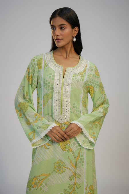 Buy_Nadima Saqib_Green Crepe Lace, Sequins Round Neck Lime Printed And Embroidered Kaftan Dress _Online_at_Aza_Fashions