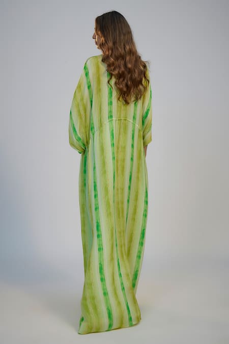 Nadima Saqib Lime Green Stripe Print Kaftan & Pant Set 