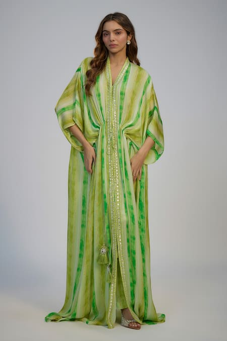 Nadima Saqib Green Cotton, Dupion, Silk Tassels, Sequins Lime Stripe Print Kaftan And Pant Set 