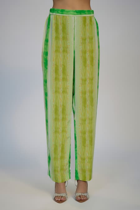 Nadima Saqib_Green Cotton, Dupion, Silk Tassels, Sequins Lime Stripe Print Kaftan And Pant Set _Online_at_Aza_Fashions