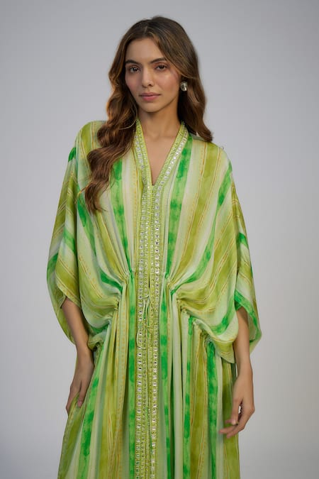 Buy_Nadima Saqib_Green Cotton, Dupion, Silk Tassels, Sequins Lime Stripe Print Kaftan And Pant Set _Online_at_Aza_Fashions
