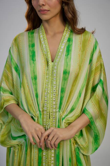 Shop_Nadima Saqib_Green Cotton, Dupion, Silk Tassels, Sequins Lime Stripe Print Kaftan And Pant Set _Online_at_Aza_Fashions