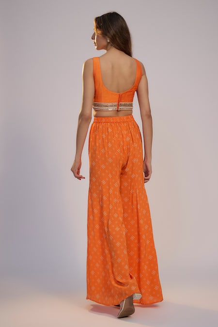 Nadima Saqib_Orange Dupion, Silk Sequins, Pearls, Fringe V-neck Printed Sharara Pant Set _Online_at_Aza_Fashions
