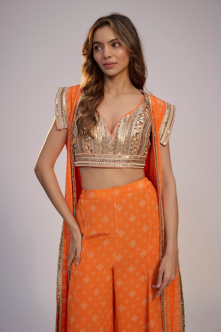 Buy_Nadima Saqib_Orange Dupion, Silk Sequins, Pearls, Fringe V-neck Printed Sharara Pant Set _Online_at_Aza_Fashions