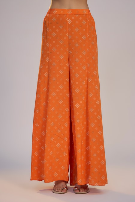 Shop_Nadima Saqib_Orange Dupion, Silk Sequins, Pearls, Fringe V-neck Printed Sharara Pant Set _Online_at_Aza_Fashions