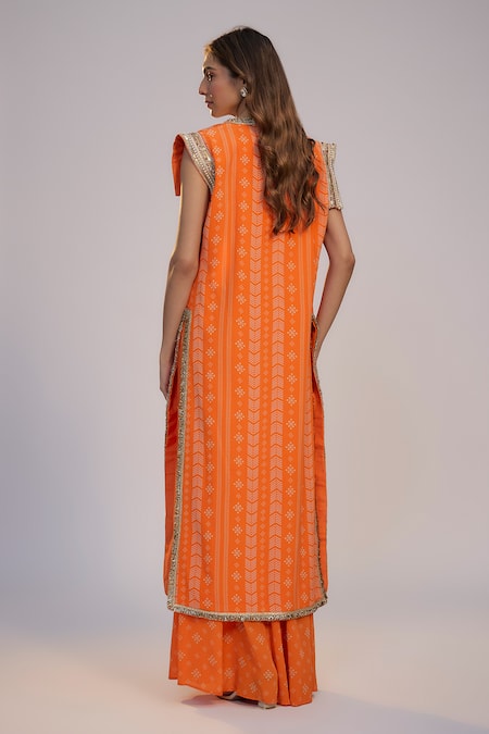Nadima Saqib_Orange Dupion, Silk Sequins, Pearls, Fringe V-neck Printed Sharara Pant Set _at_Aza_Fashions