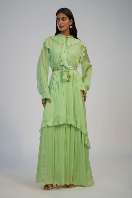 Nadima Saqib Lime Cotton, Dupion, Silk Sequins, Tassels High Neck Green Embroidered Dress 