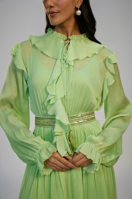 Nadima Saqib_Lime Cotton, Dupion, Silk Sequins, Tassels High Neck Green Embroidered Dress _Online_at_Aza_Fashions