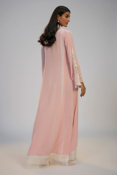 Nadima Saqib Pastel Pink Printed & Embroidered Kaftan Dress 