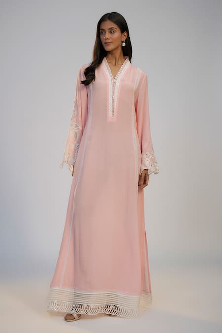 Nadima Saqib Pink Crepe Sequins, Lace V-neck Pastel Printed And Embroidered Kaftan Dress 