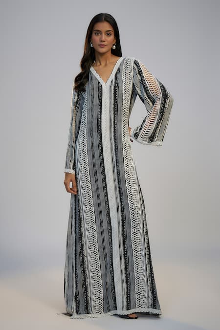 Nadima Saqib Black Crepe Lace V-neck Printed And Embroidered Kaftan 