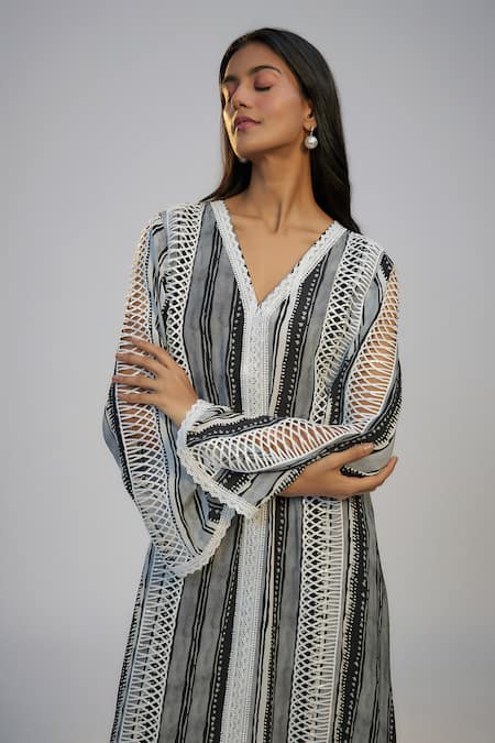 Nadima Saqib_Black Crepe Lace V-neck Printed And Embroidered Kaftan _Online_at_Aza_Fashions