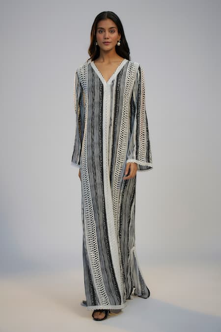 Buy_Nadima Saqib_Black Crepe Lace V-neck Printed And Embroidered Kaftan _Online_at_Aza_Fashions