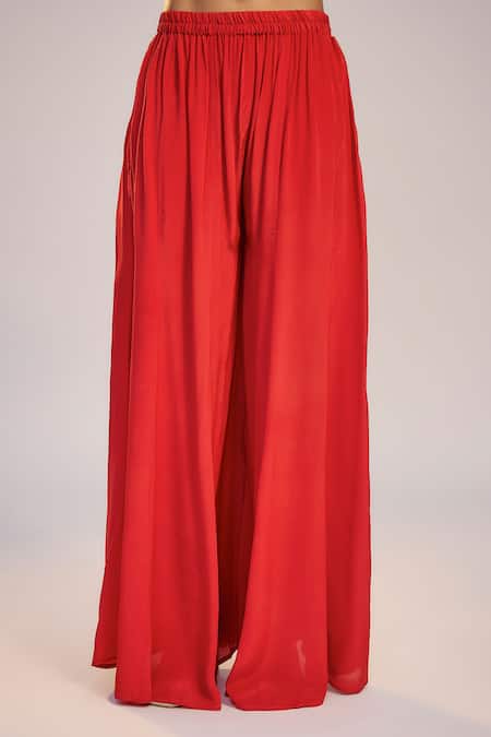 Nadima Saqib_Red Crepe Sequins, Pearls Notched Neck Printed And Embroidered Sharara Set _Online_at_Aza_Fashions