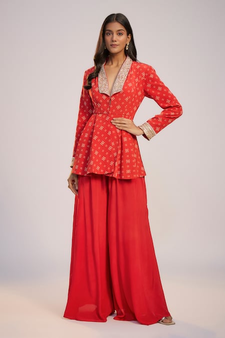 Nadima Saqib Red Crepe Sequins, Pearls Notched Neck Printed And Embroidered Sharara Set