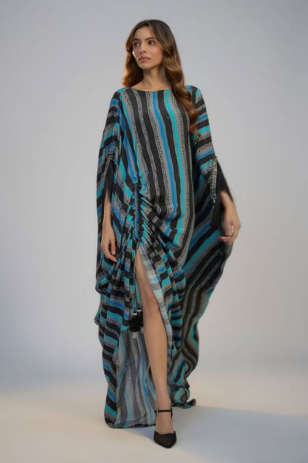 Nadima Saqib_Black Crepe Sequins Round Neck Blue Stripe Print And Embroidered Kaftan _Online_at_Aza_Fashions