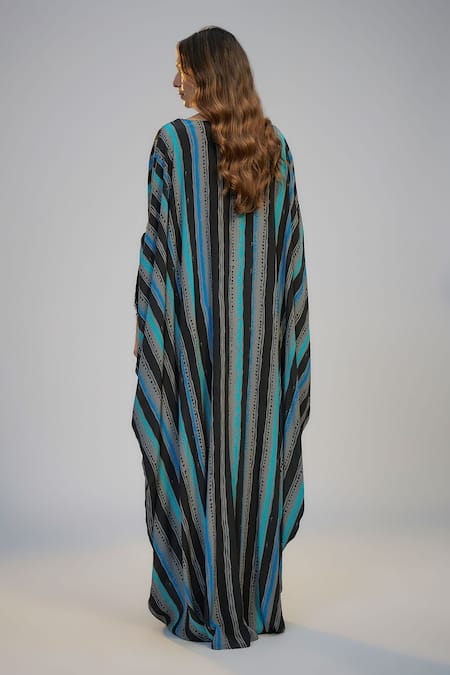 Nadima Saqib Black Blue Stripe Print & Embroidered Kaftan 