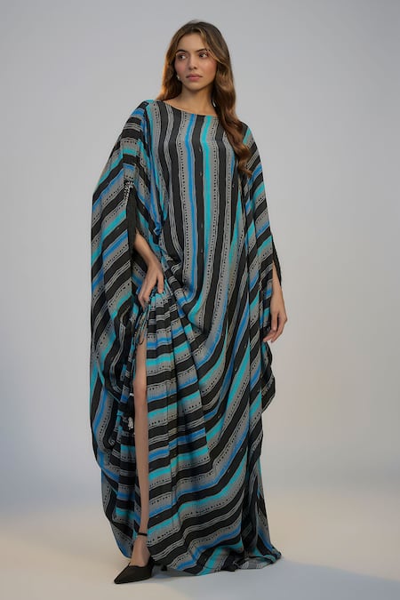 Nadima Saqib Black Crepe Sequins Round Neck Blue Stripe Print And Embroidered Kaftan