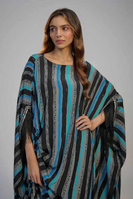Buy_Nadima Saqib_Black Crepe Sequins Round Neck Blue Stripe Print And Embroidered Kaftan _Online_at_Aza_Fashions