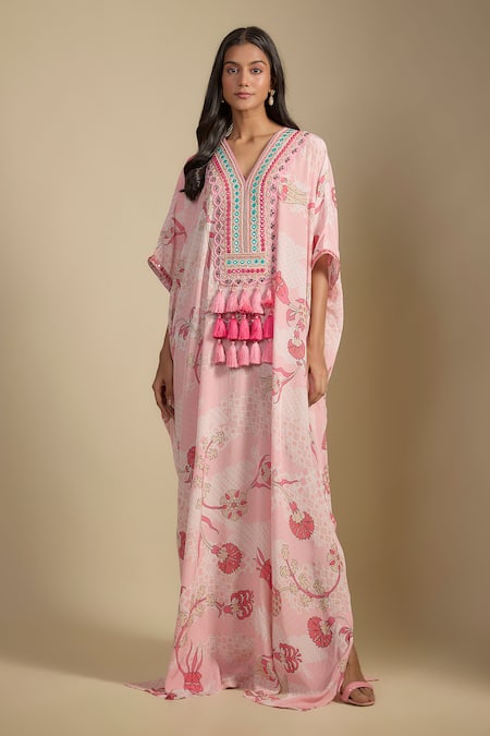 Nadima Saqib Pink Crepe Tassels, Embroidery V-neck Pastel Printed And Kaftan 