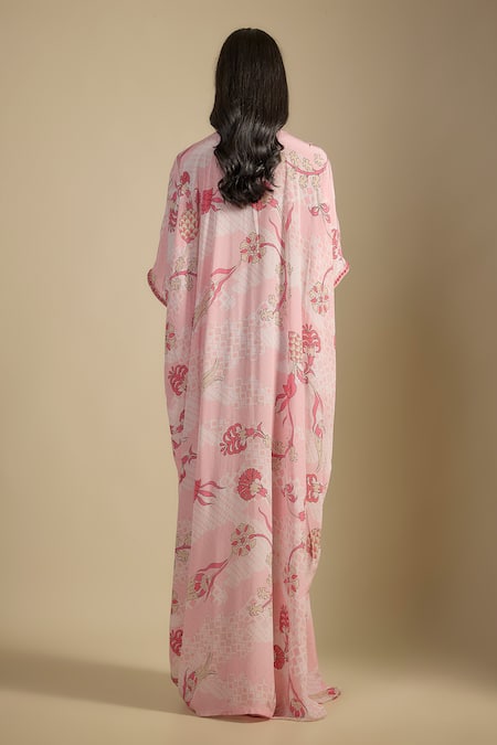 Nadima Saqib Pastel Pink Printed & Embroidered Kaftan 