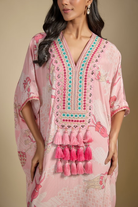 Nadima Saqib_Pink Crepe Tassels, Embroidery V-neck Pastel Printed And Kaftan _Online_at_Aza_Fashions