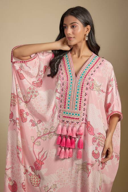 Buy_Nadima Saqib_Pink Crepe Tassels, Embroidery V-neck Pastel Printed And Kaftan _Online_at_Aza_Fashions